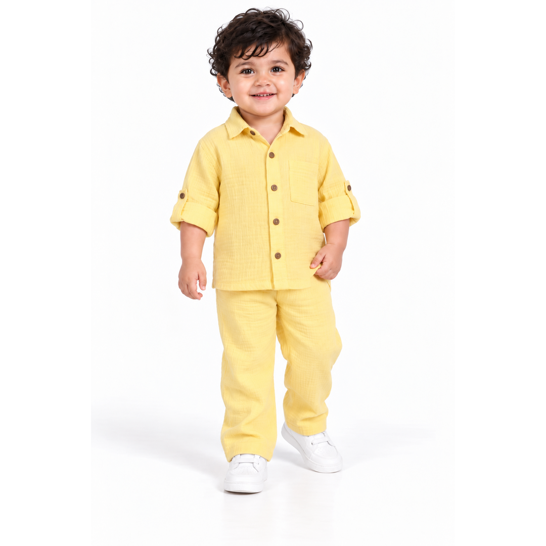 Cotton Muslin Shirt & Pants Co-Ord Set for Boys - Yellow