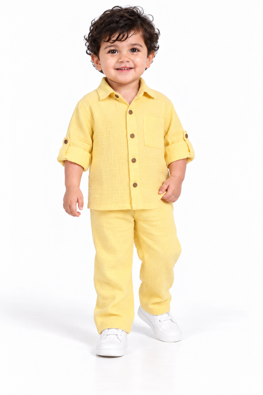 Cotton Muslin Shirt & Pants Co-Ord Set for Boys - Yellow