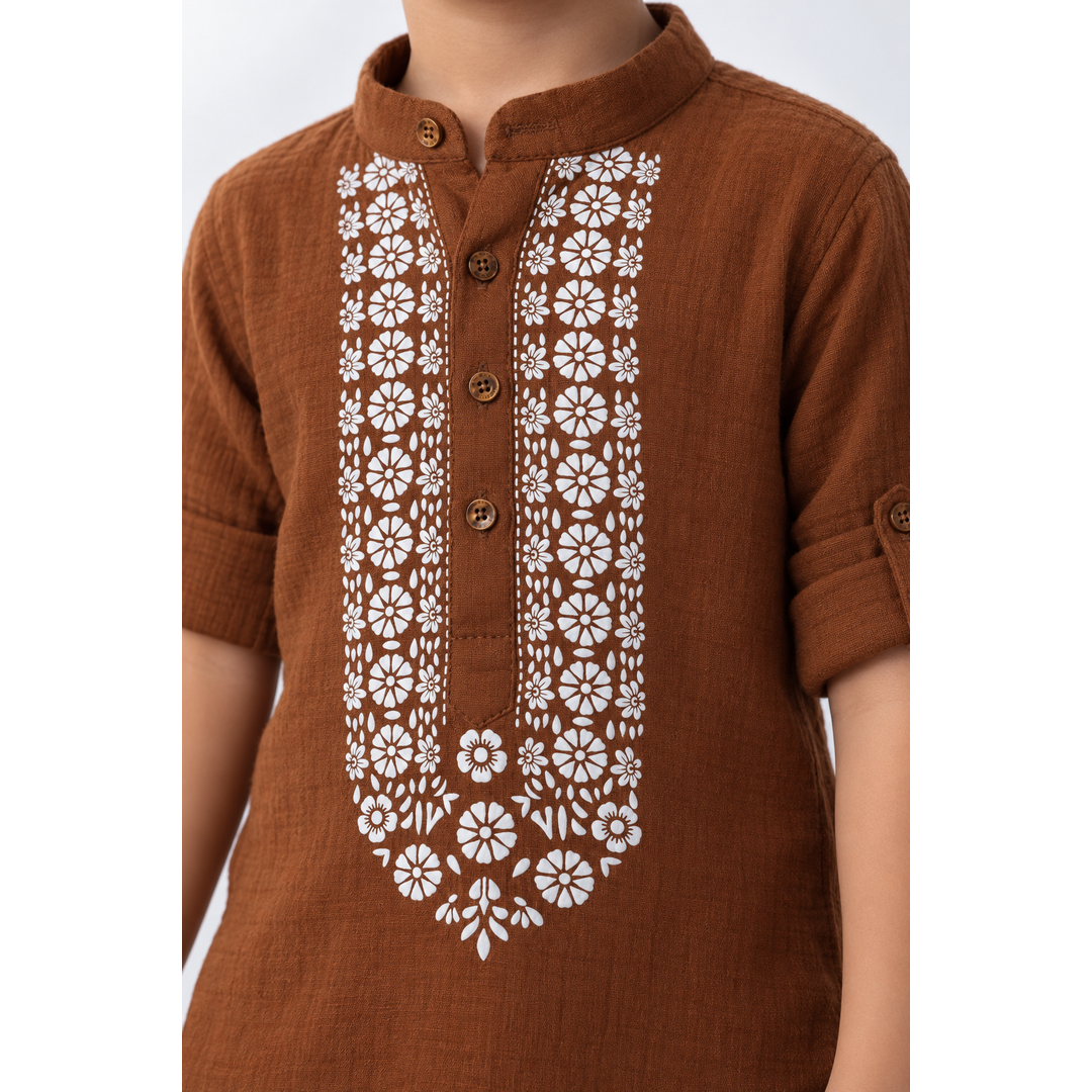 Festive Bloom Cotton Muslin Kurta & Pants Set-BROWN