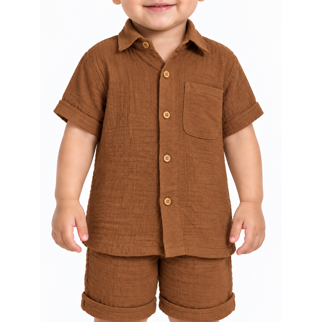 Cotton Muslin Shorts Co-Ord Set for Boys - Brown
