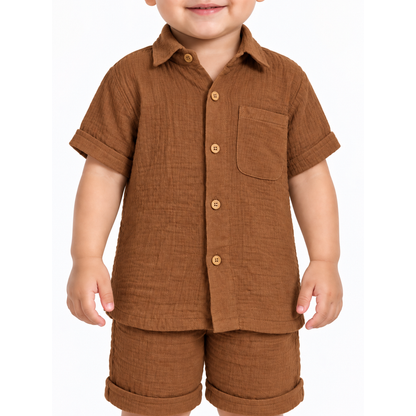 Cotton Muslin Shorts Co-Ord Set for Boys - Brown