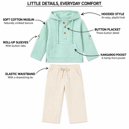 Cotton Muslin Hooded Co-Ord Set for Boys - Sky Blue