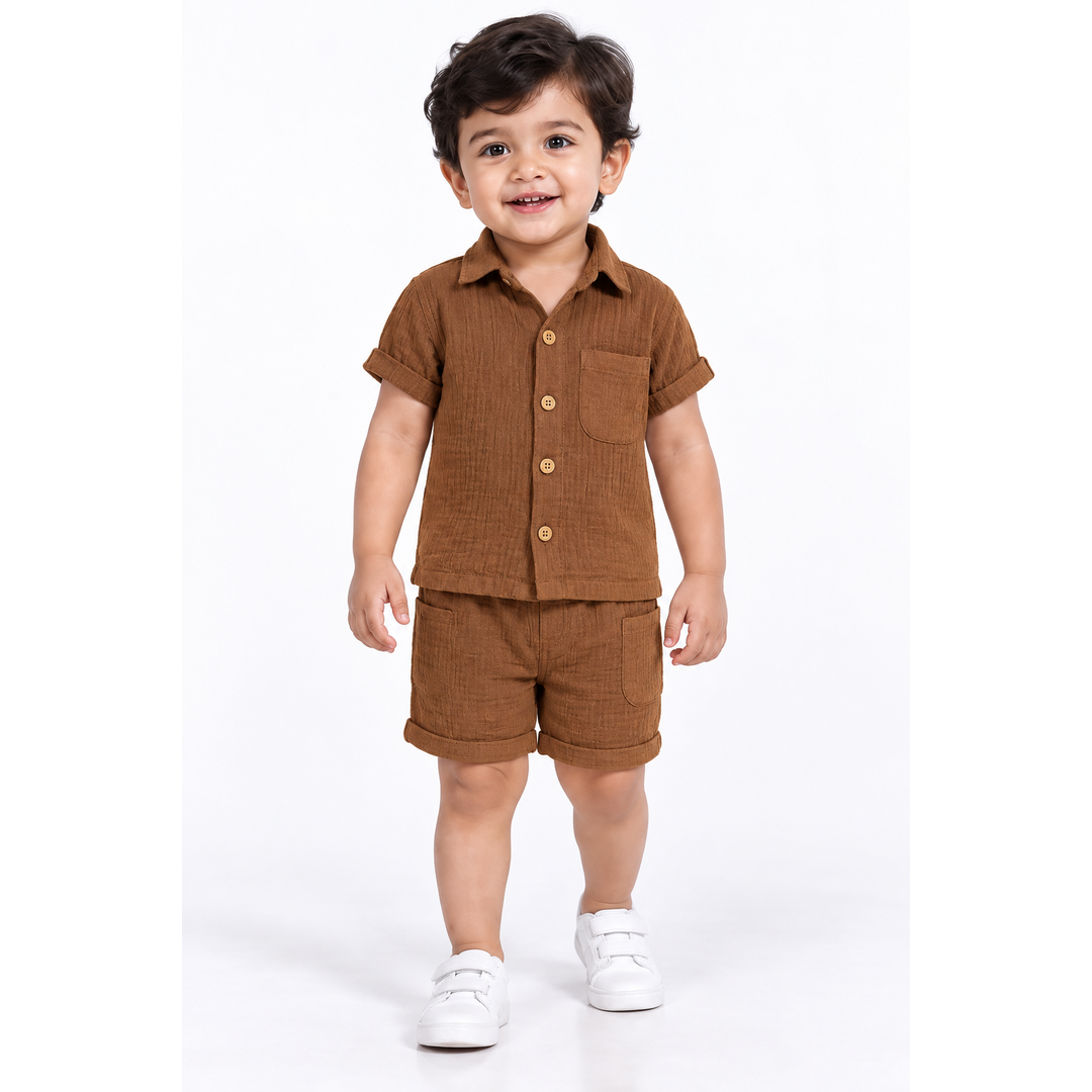 Cotton Muslin Shorts Co-Ord Set for Boys - Brown