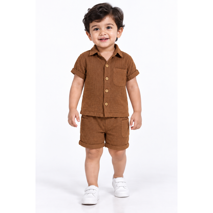 Cotton Muslin Shorts Co-Ord Set for Boys - Brown