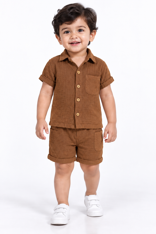 Cotton Muslin Shorts Co-Ord Set for Boys - Brown