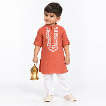 Festive Bloom Cotton Muslin Kurta & Pants Set-peach