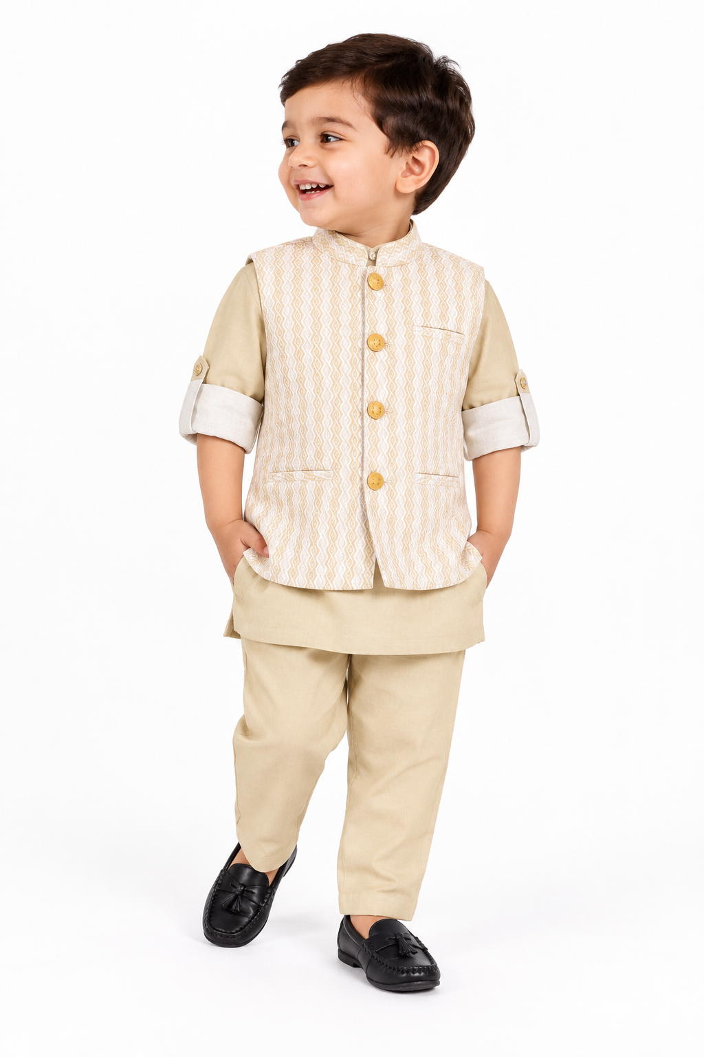 Little Legends Shine: Plain Kurta + Designer Waistcoat + Pajama!