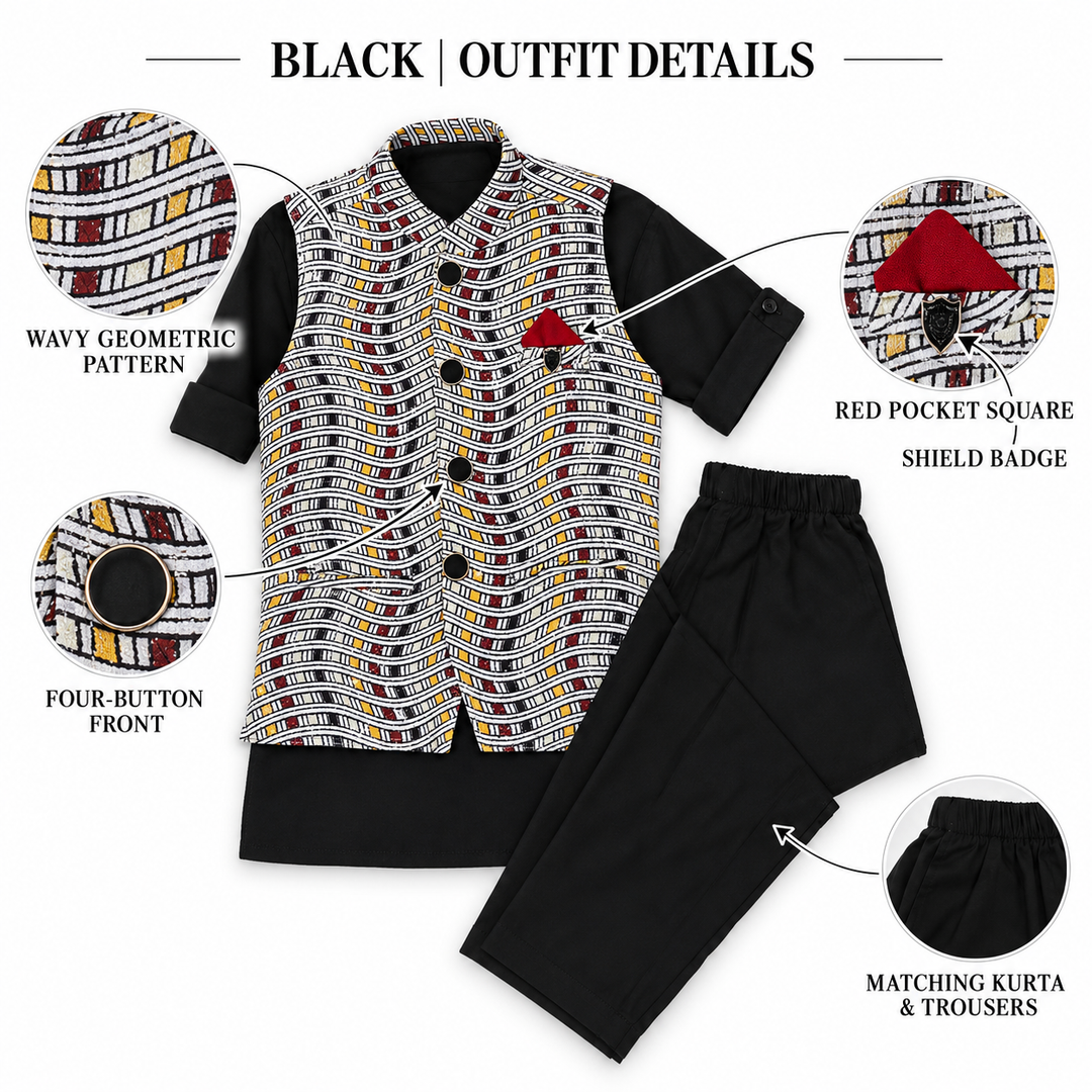 Checkered Chic: Boys' Festive Trio - Kurta, Waistcoat, Pajama Perfection!