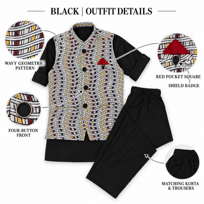 Checkered Chic: Boys' Festive Trio - Kurta, Waistcoat, Pajama Perfection!