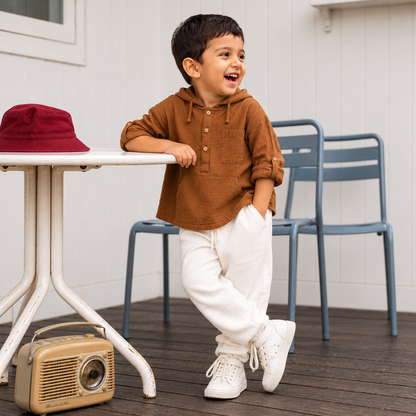 Cotton Muslin Hooded Co-Ord Set for Boys - brown