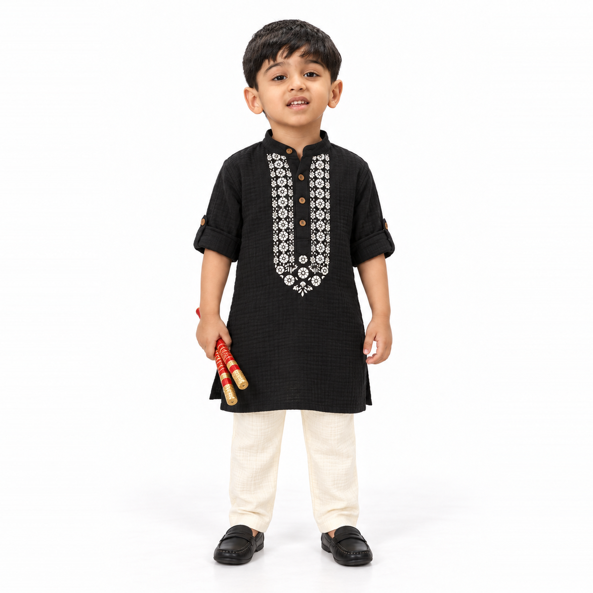 Festive Bloom Cotton Muslin Kurta & Pants Set-black