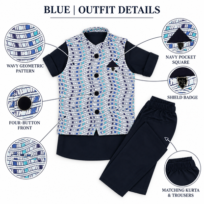 Checkered Chic: Boys' Festive Trio - Kurta, Waistcoat, Pajama Perfection!