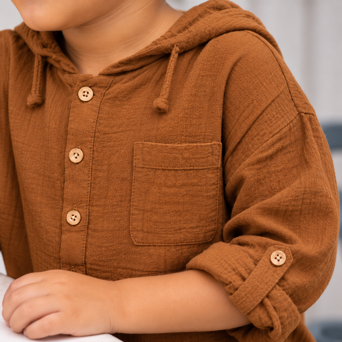 Cotton Muslin Hooded Co-Ord Set for Boys - brown