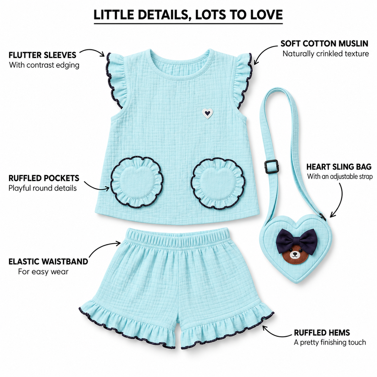 Cotton Muslin Ruffle Co-Ord Set with Sling Bag - Blue