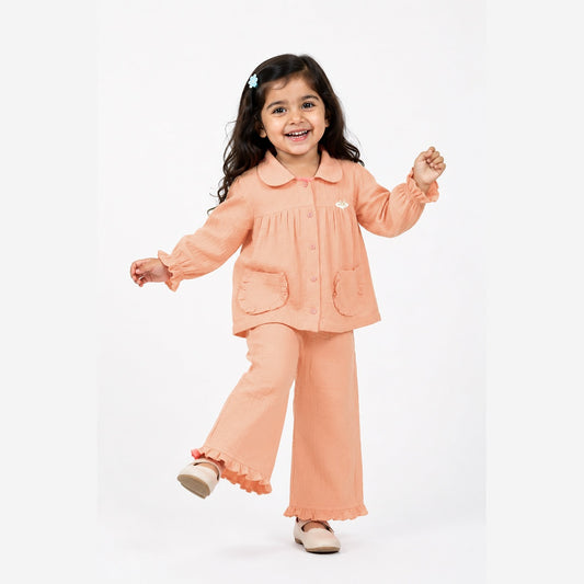 Cotton Muslin Flared Pants Co-Ord Set for Girls - Pink