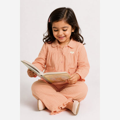 Cotton Muslin Flared Pants Co-Ord Set for Girls - Pink
