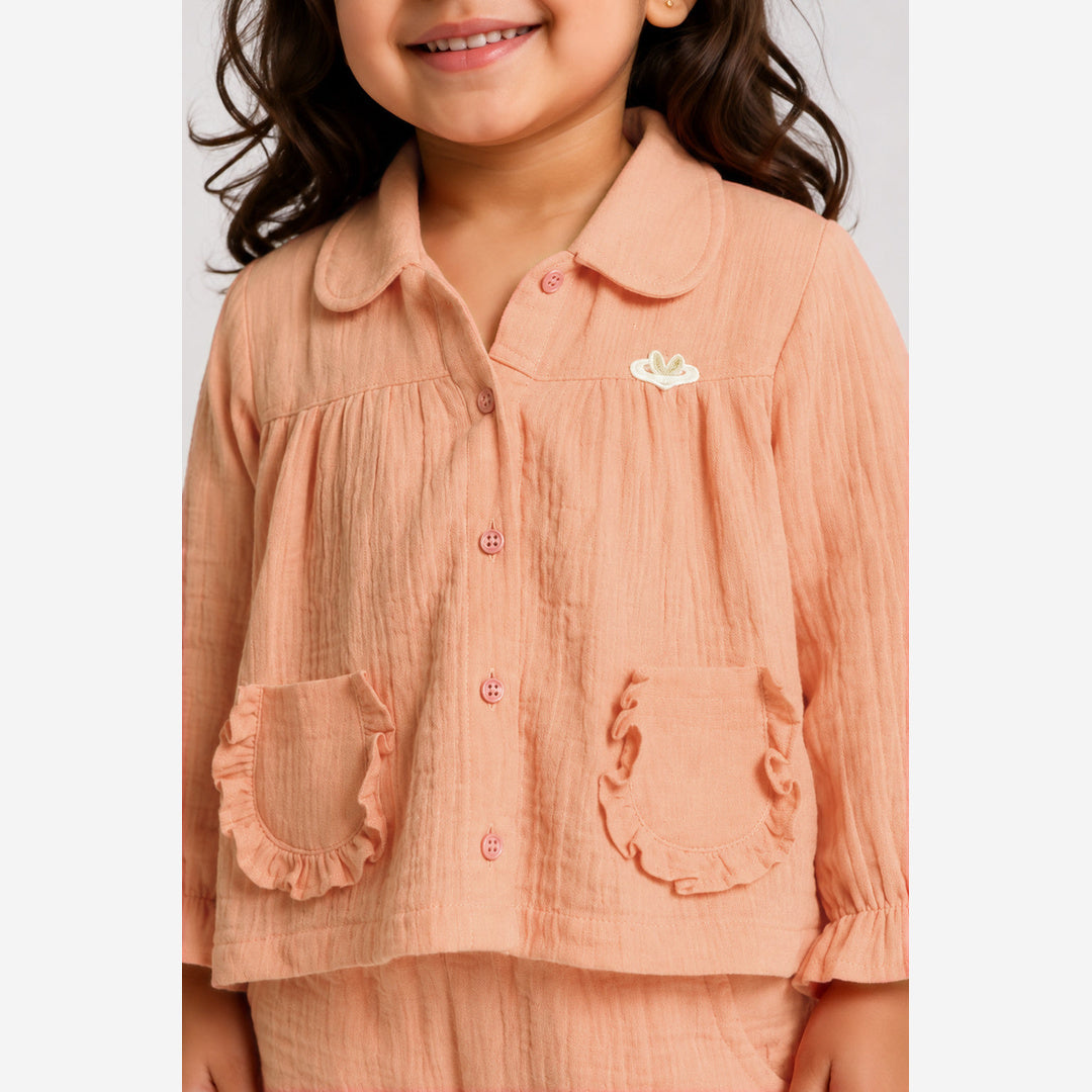 Cotton Muslin Flared Pants Co-Ord Set for Girls - Pink