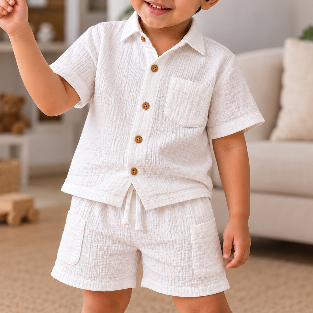 Cotton Muslin Shorts Co-Ord Set for Boys - White