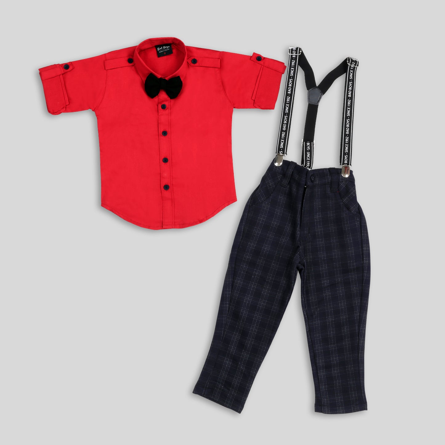 Bad Boys Plaid Party Wear Outfit with Suspenders and a Bow tie.