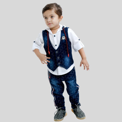 Cool & Classy Outfit comes with Hoodie Shirt, Waistcoat & Bottoms.