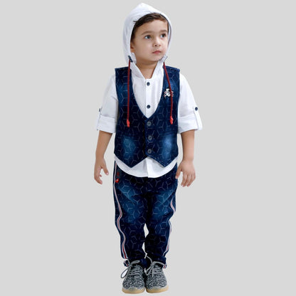 Cool & Classy Outfit comes with Hoodie Shirt, Waistcoat & Bottoms.