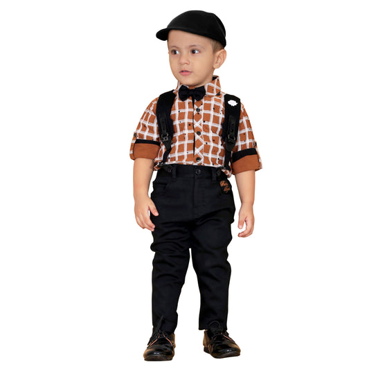 Checkered Charm: Shirt, Suspenders, Pants, Bow, Cap - Fun Everywhere!
