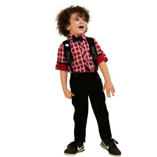 Checkered Charm: Shirt, Suspenders, Pants, Bow, Cap - Fun Everywhere!