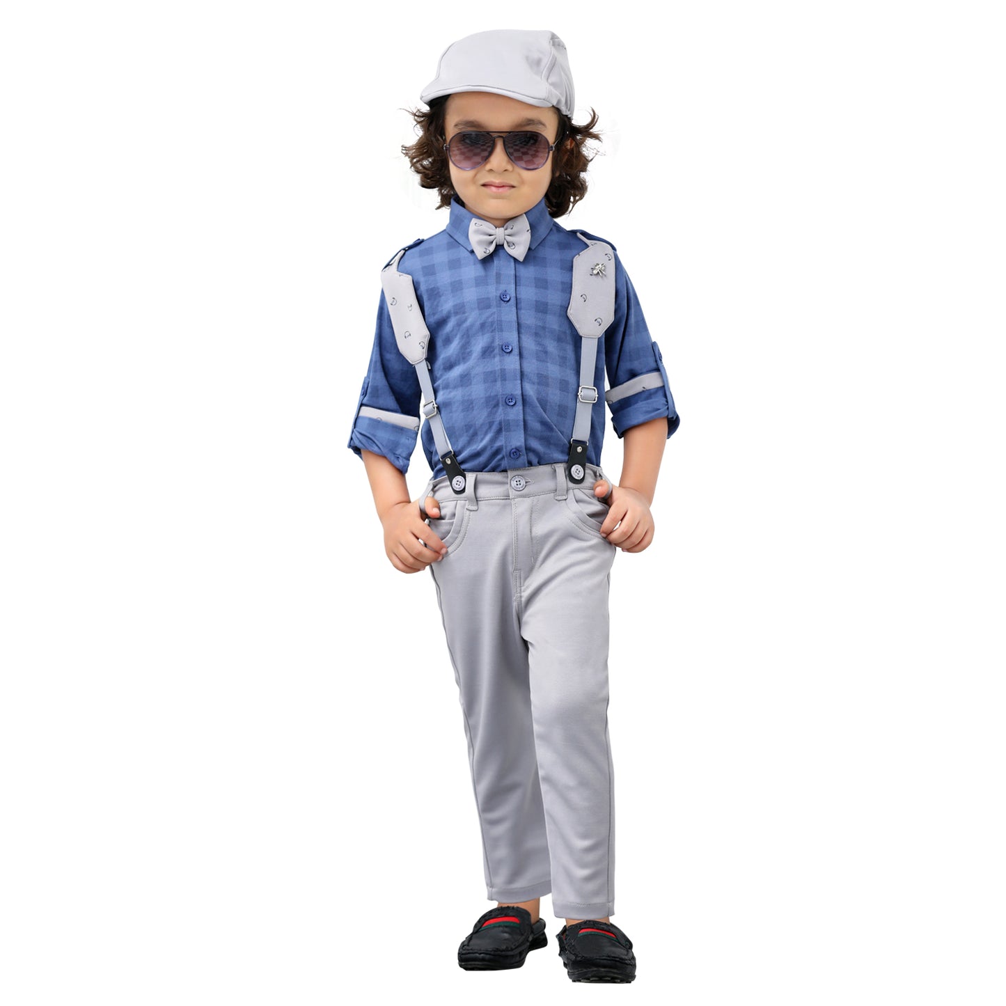 Checkered Charm: Shirt, Suspenders, Pants, Bow, Cap - Fun Everywhere!