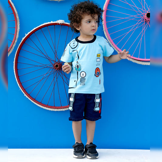 MashUp Junior Fashionable Outfit with Cotton Knit T-shirt and Denim Bottoms