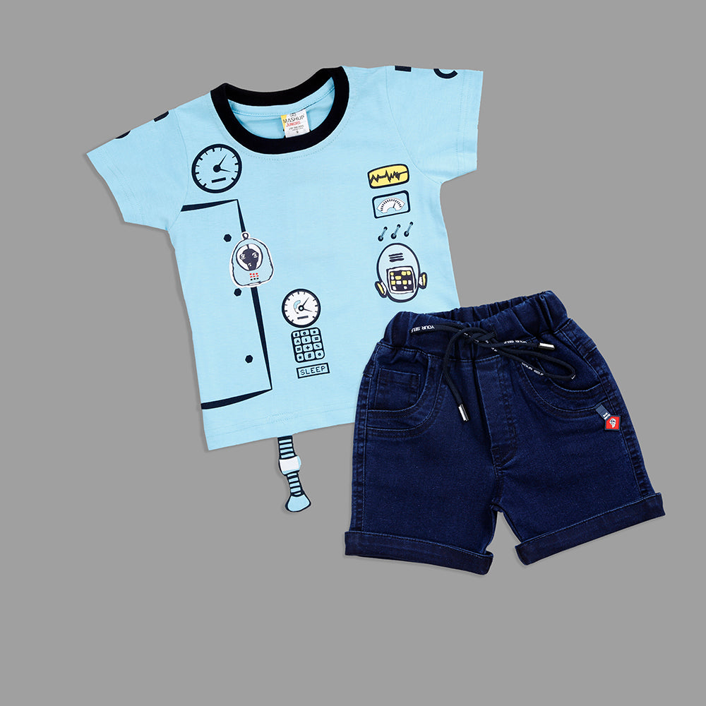 MashUp Junior Fashionable Outfit with Cotton Knit T-shirt and Denim Bottoms