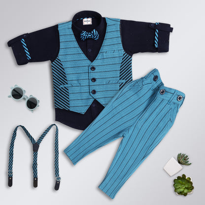 Striped Spectacle: Shirt, Striped Waistcoat, Pant, Suspender, Bow - Party Magic!