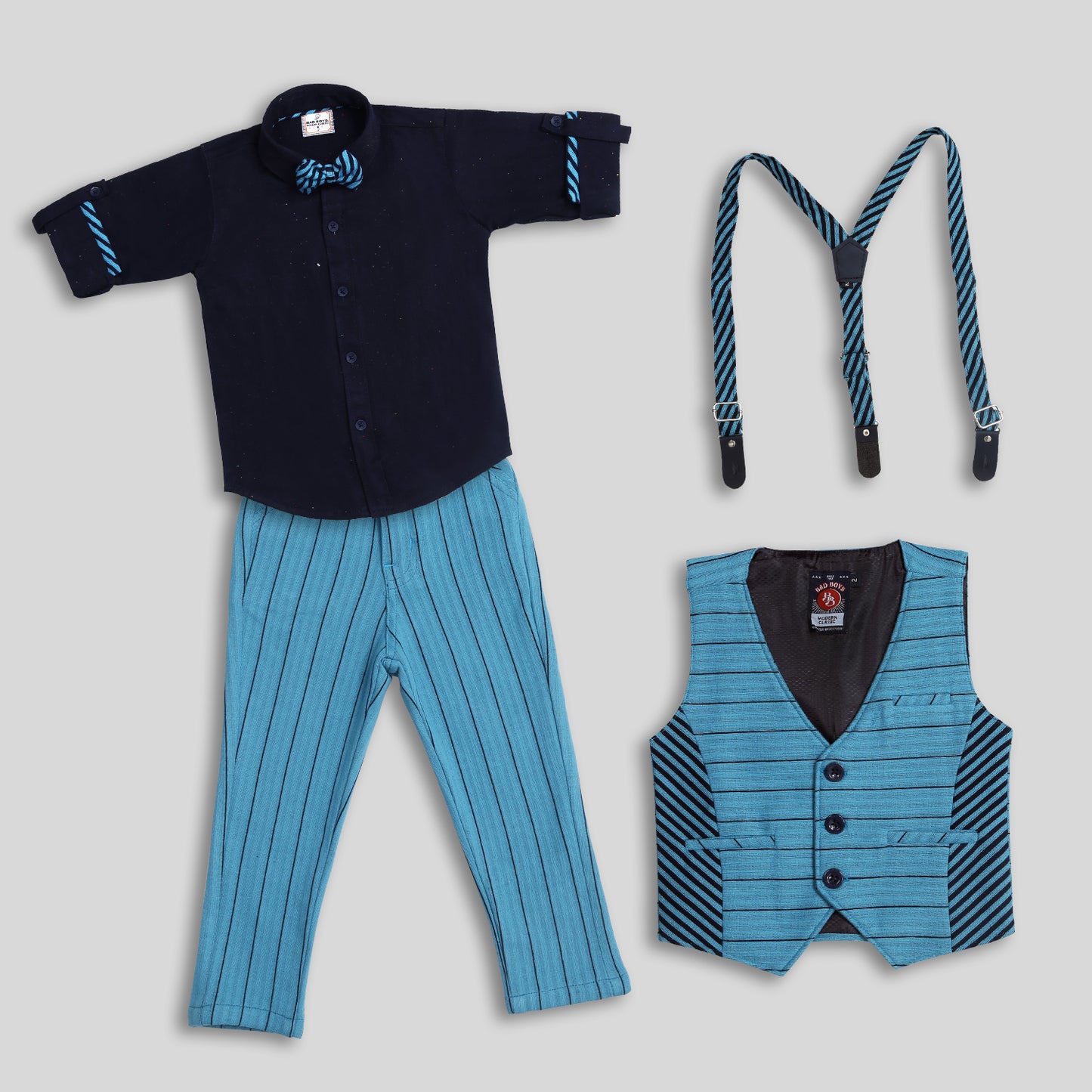 Striped Spectacle: Shirt, Striped Waistcoat, Pant, Suspender, Bow - Party Magic!