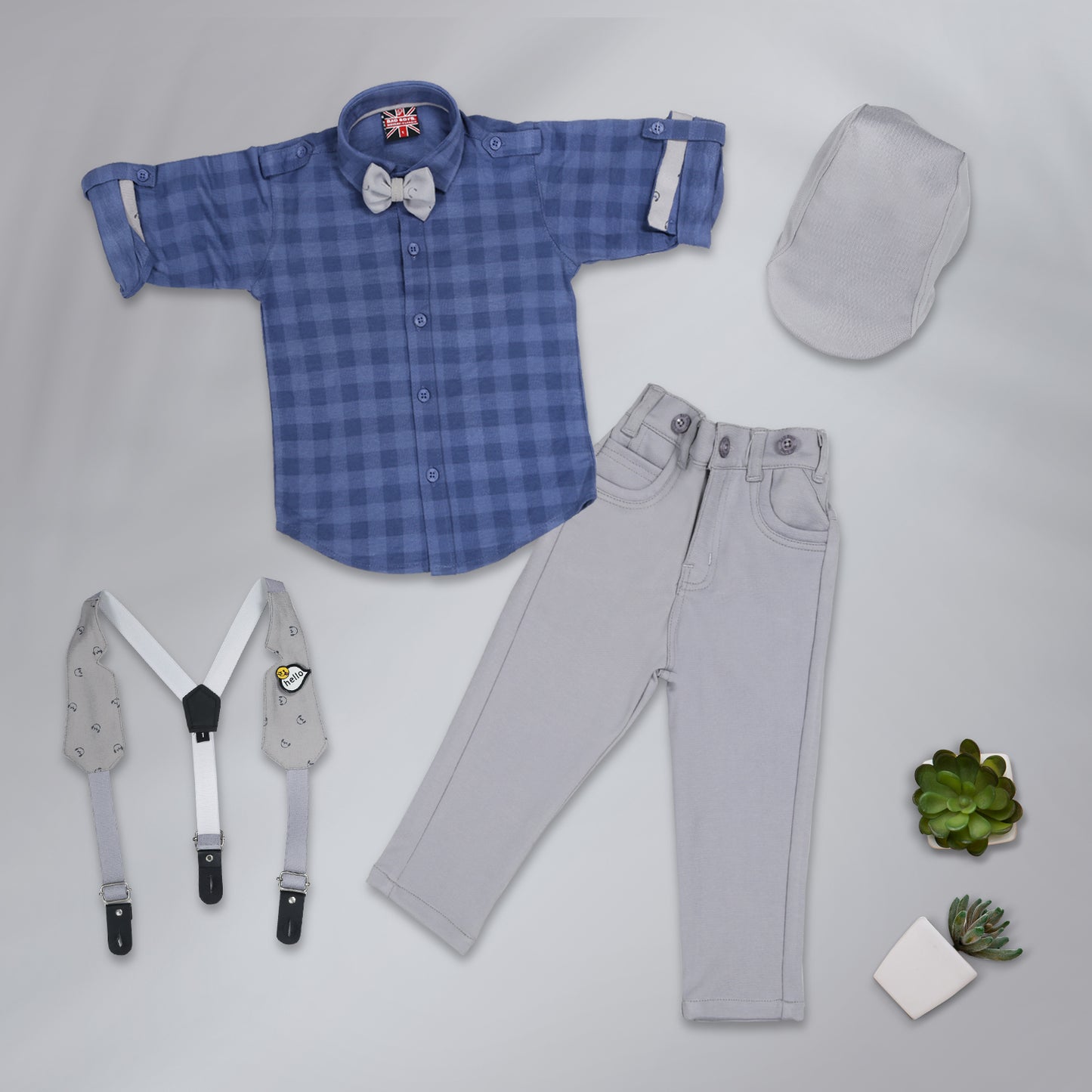 Checkered Charm: Shirt, Suspenders, Pants, Bow, Cap - Fun Everywhere!