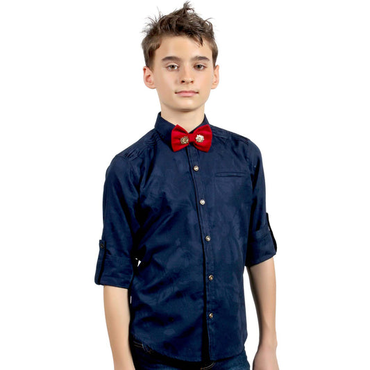 Blue Jacquard Shirt with Designer Bowtie - mashup boys