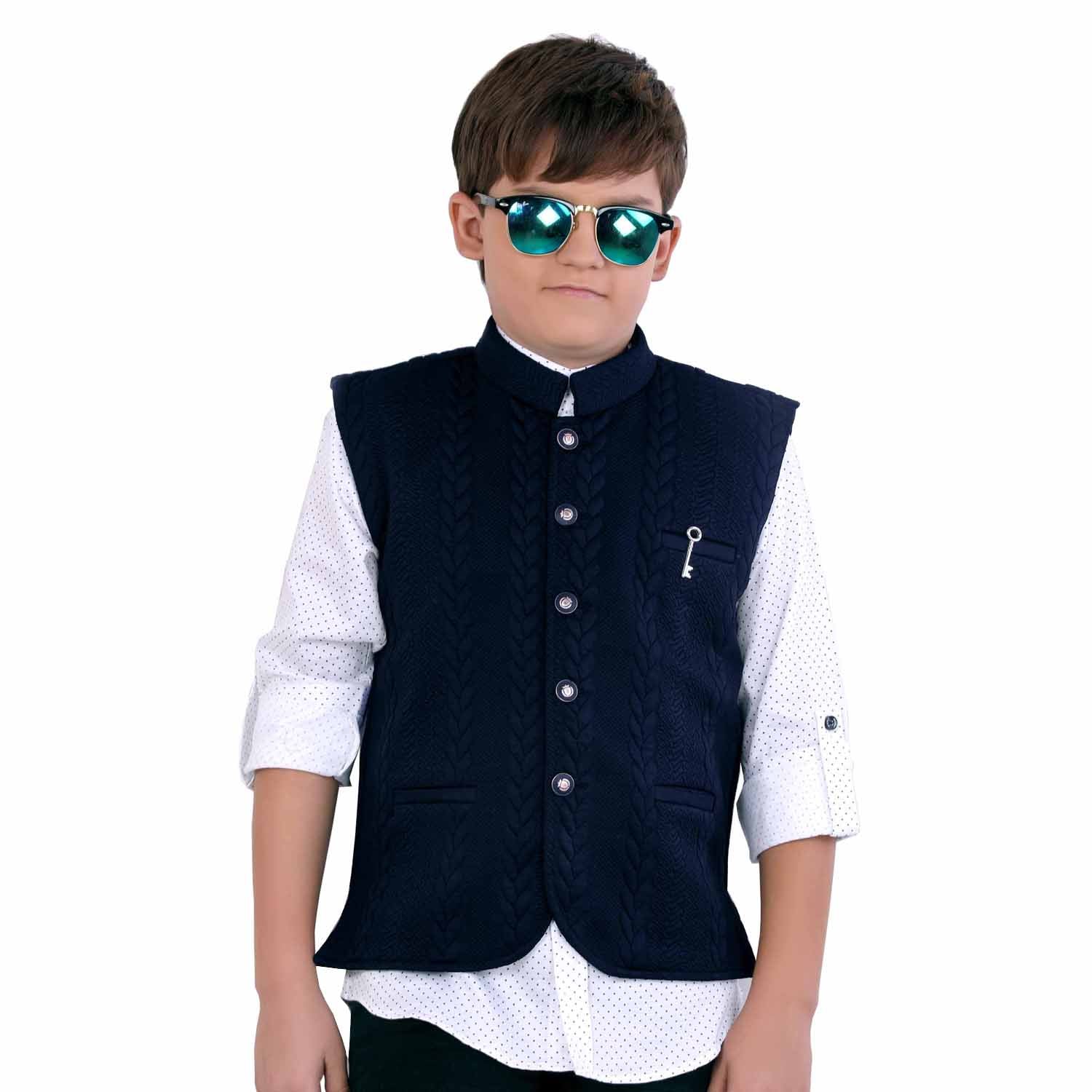 MashUp stylish navy blue self-textured modi jacket and polka dot print shirt. - mashup boys