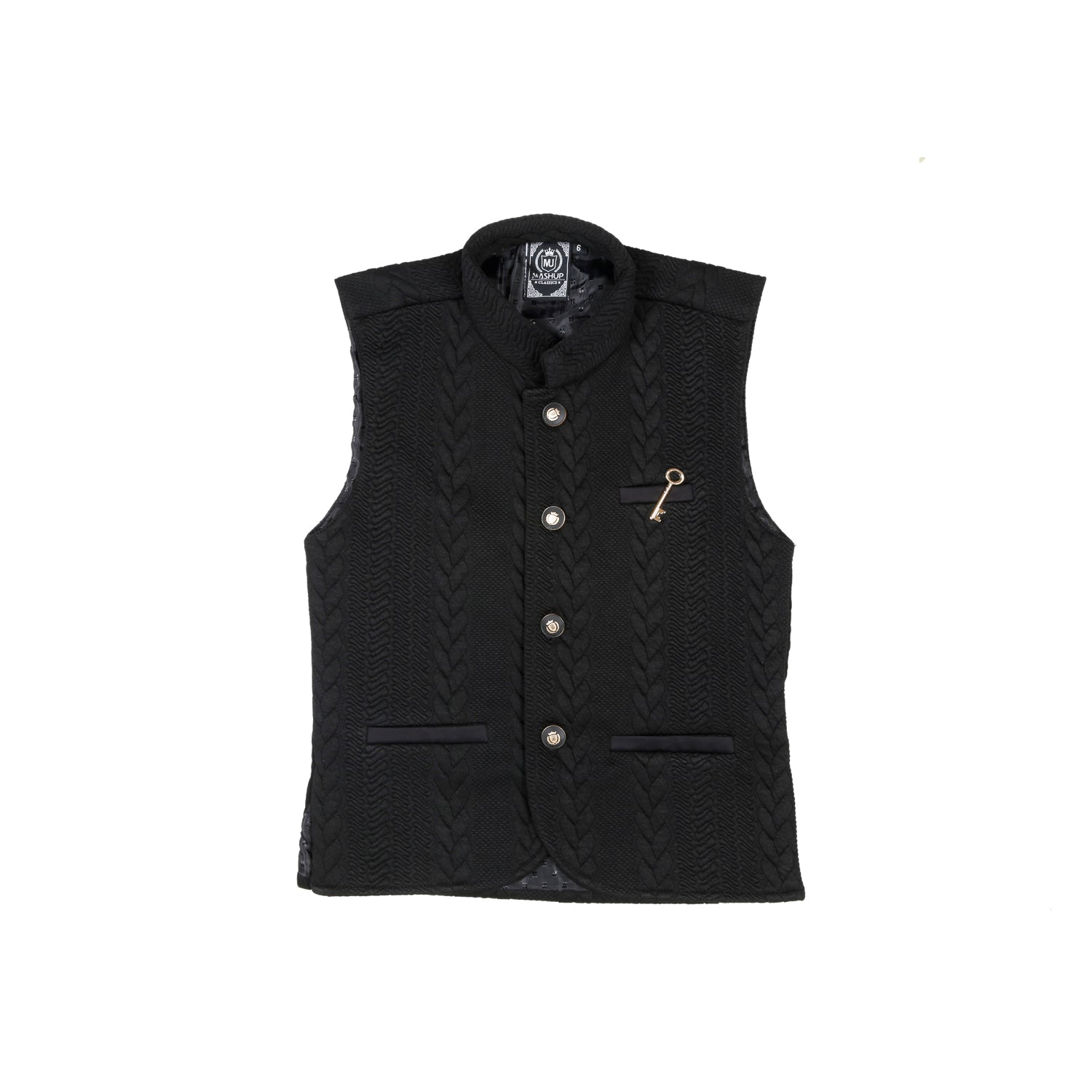 MashUp stylish black self-textured Nehru jacket and polka dot print shirt. - mashup boys