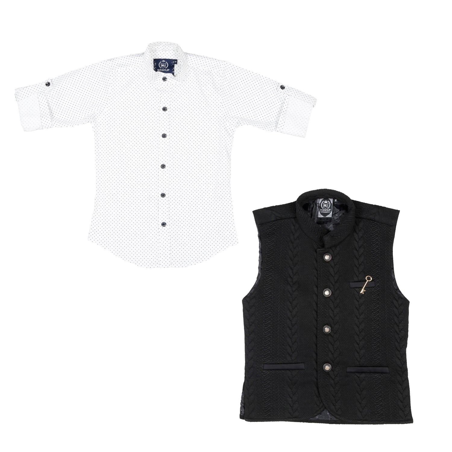 MashUp stylish black self-textured Nehru jacket and polka dot print shirt. - mashup boys