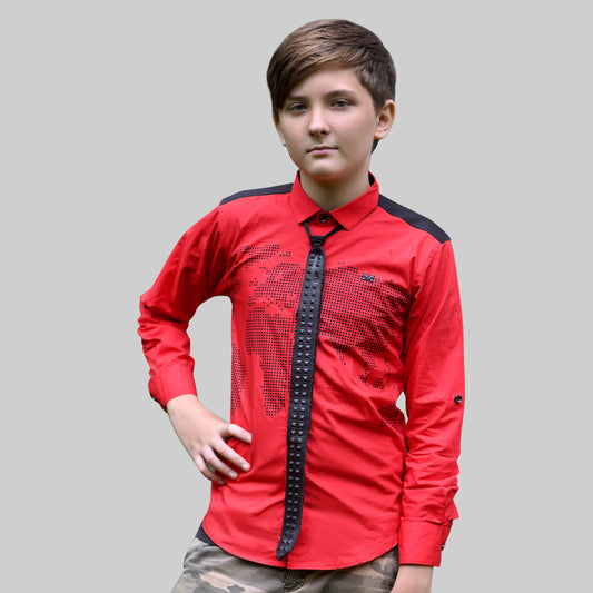 MashUp Stylish and casual red cotton satin shirt and leather tie