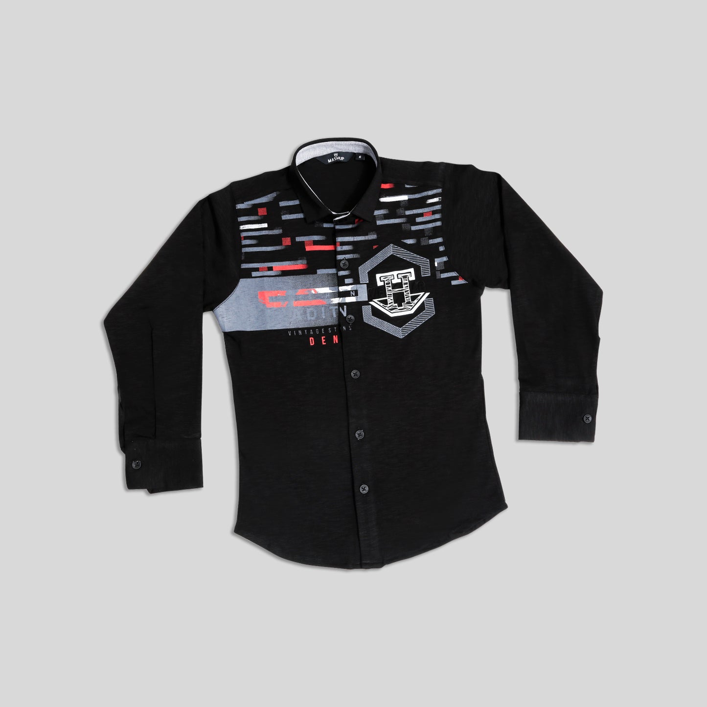 MashUp Black Classic Printed satin Shirt for Young boys