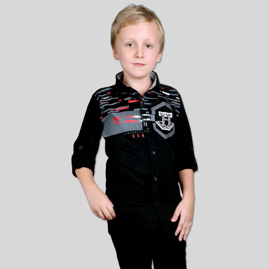 MashUp Black Classic Printed satin Shirt for Young boys