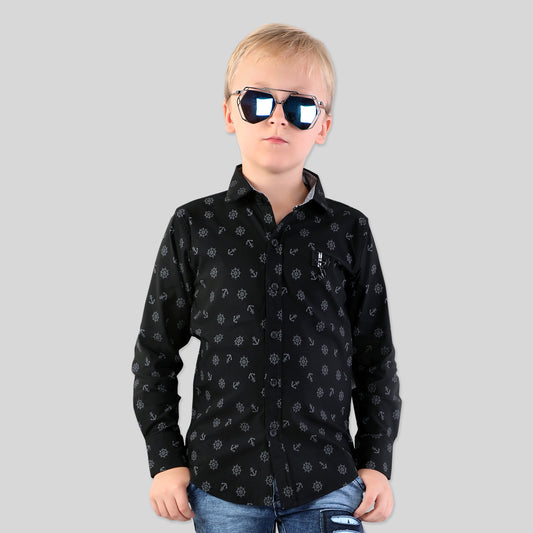 MashUp Black Classic Printed satin Shirt for Young boys