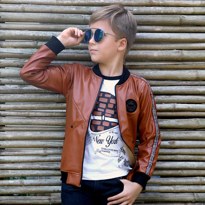 Superior PU leather jacket + matching T-shirt for the racer Boy.