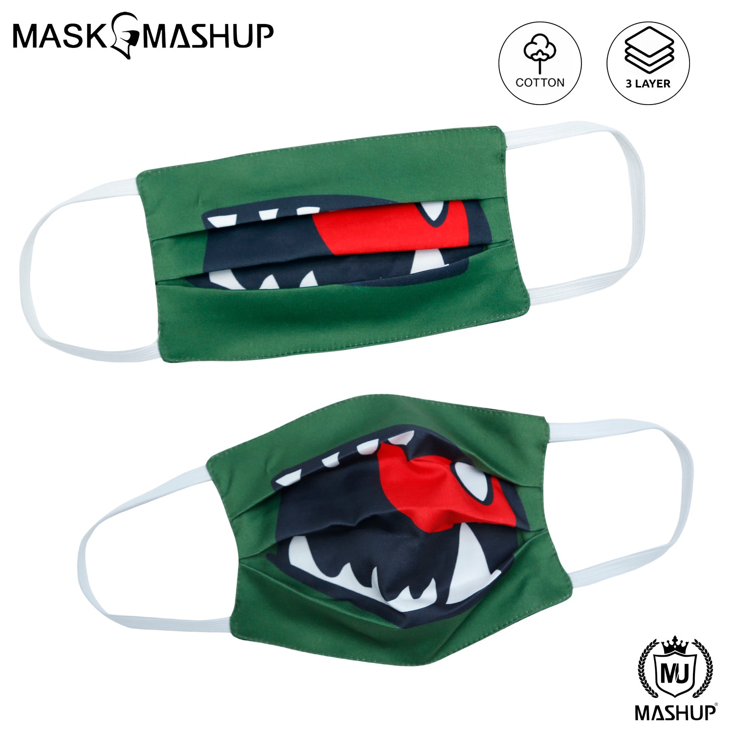 MashUp Fun Mask,Cartoon Monster Mouth Printed 3-layer Reusable Washable Protective Face Mask(Pack of 2)(Kids Size)(Universal Fit) - mashup boys