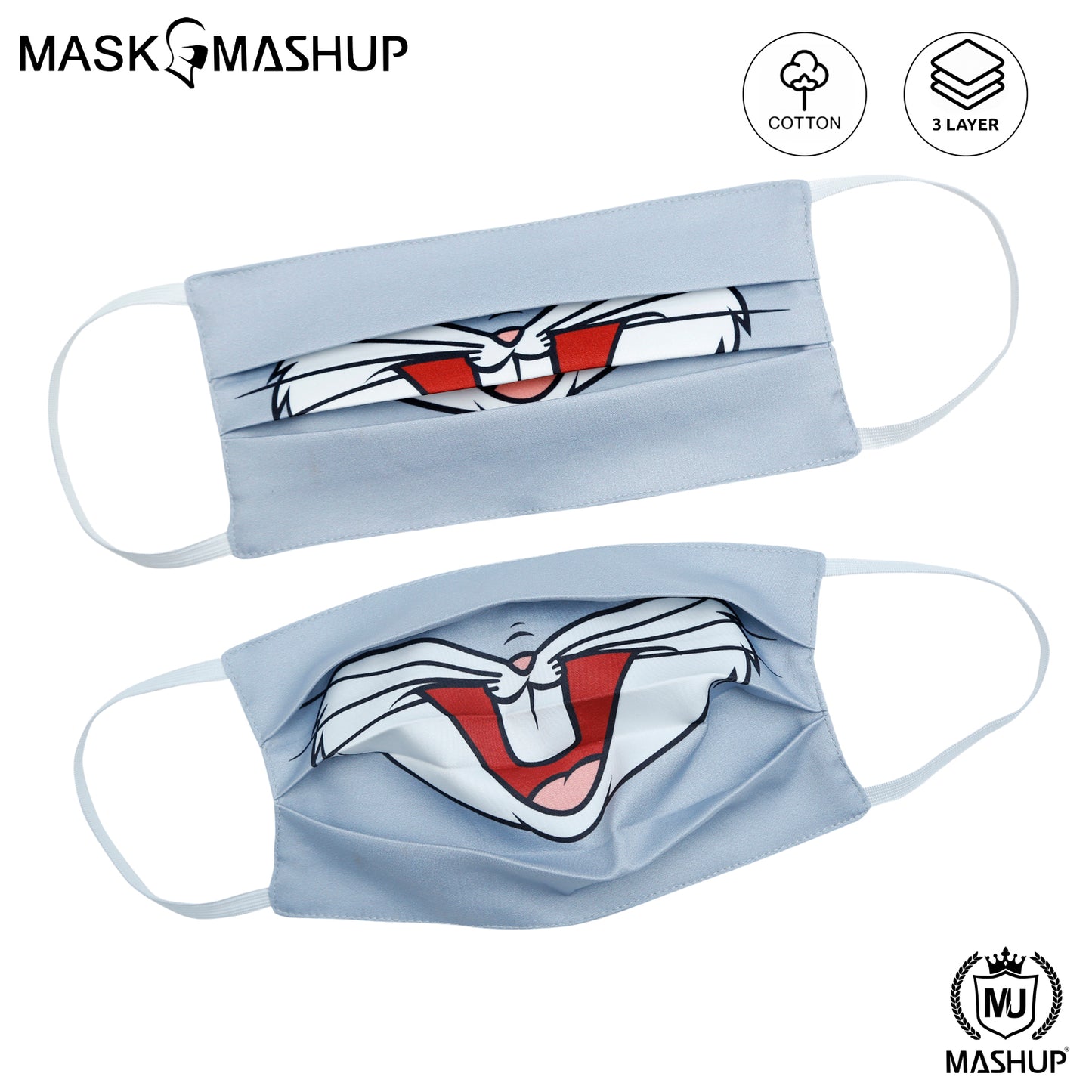 MashUp Fun Mask,Vintage Bugs Bunny Cartoon Printed 3-layer Reusable Washable Protective Face Mask(Pack of 2)(Kids Size)(Universal Fit) - mashup boys